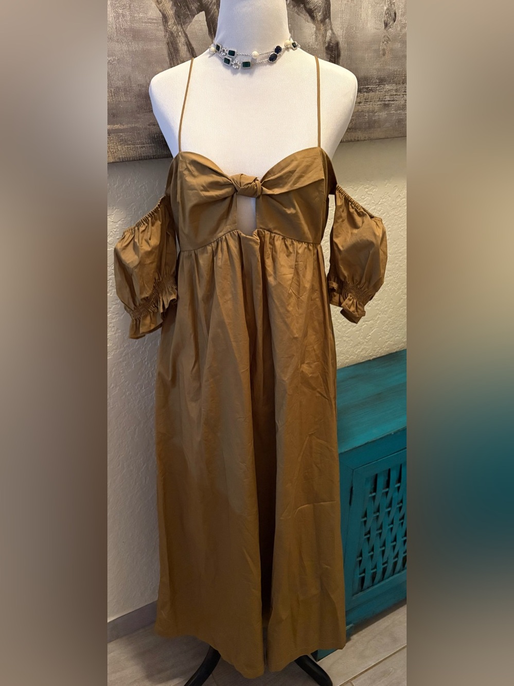 Spice Brown Off-Shoulder Maxi Dress with Front Knot